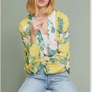 Anthropologie Elma Open Front Rose Print Yellow Kimono